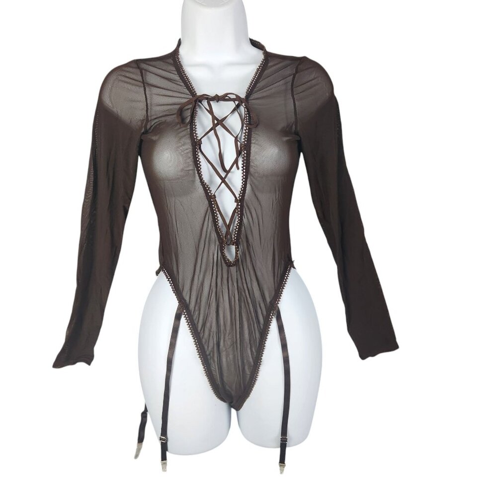 Fredericks of Hollywood Sexy Sheer Lace-Up Bodysuit Medium Garter Straps Brown